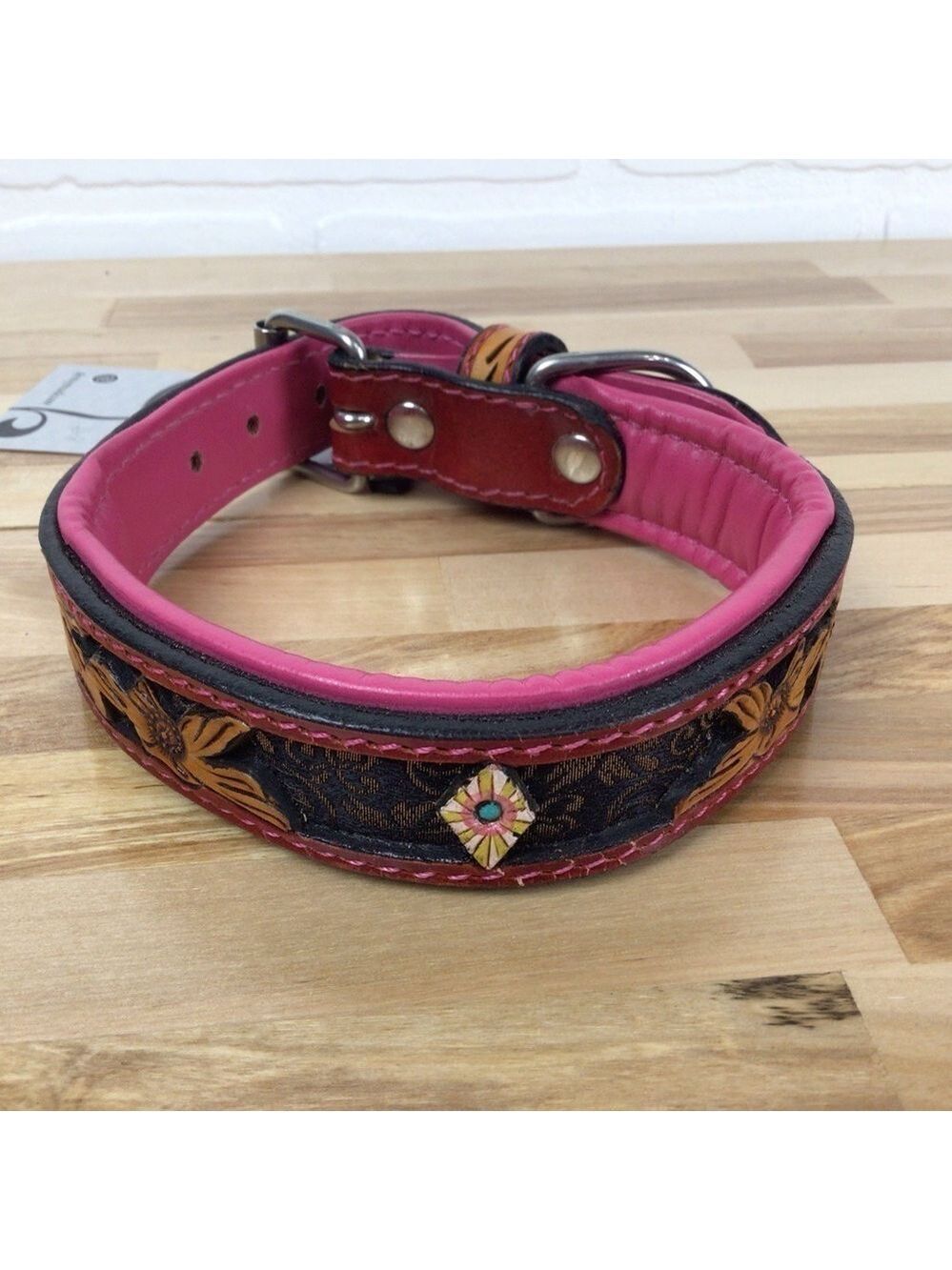Mad Cow genuine leather jewelry dog collar handmade black pink brown country